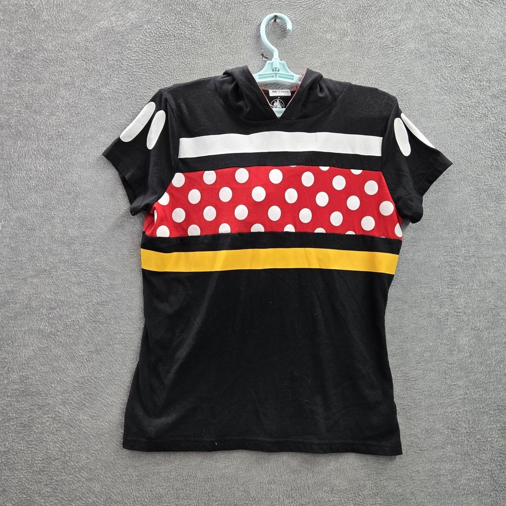 Disney Parks Women Shirt M Black Polka Dot Bow Hooded Logo Crew Neck Pullover‎